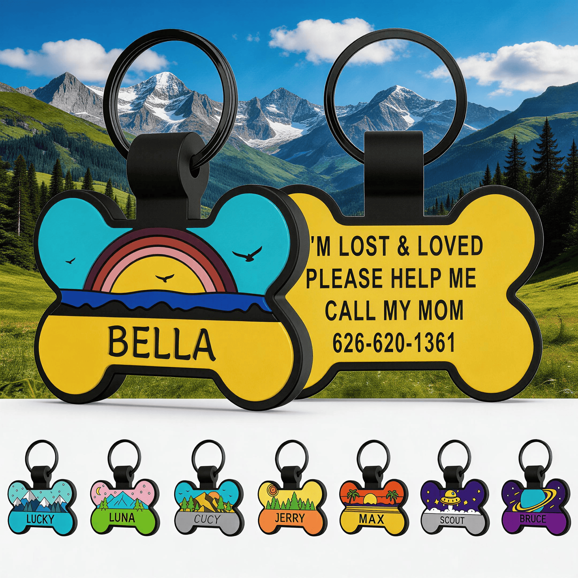 Personalised Silicone Silent Pet ID Tag for Dog and Cat | Engraved Bone-Shaped Customized Pet Tag